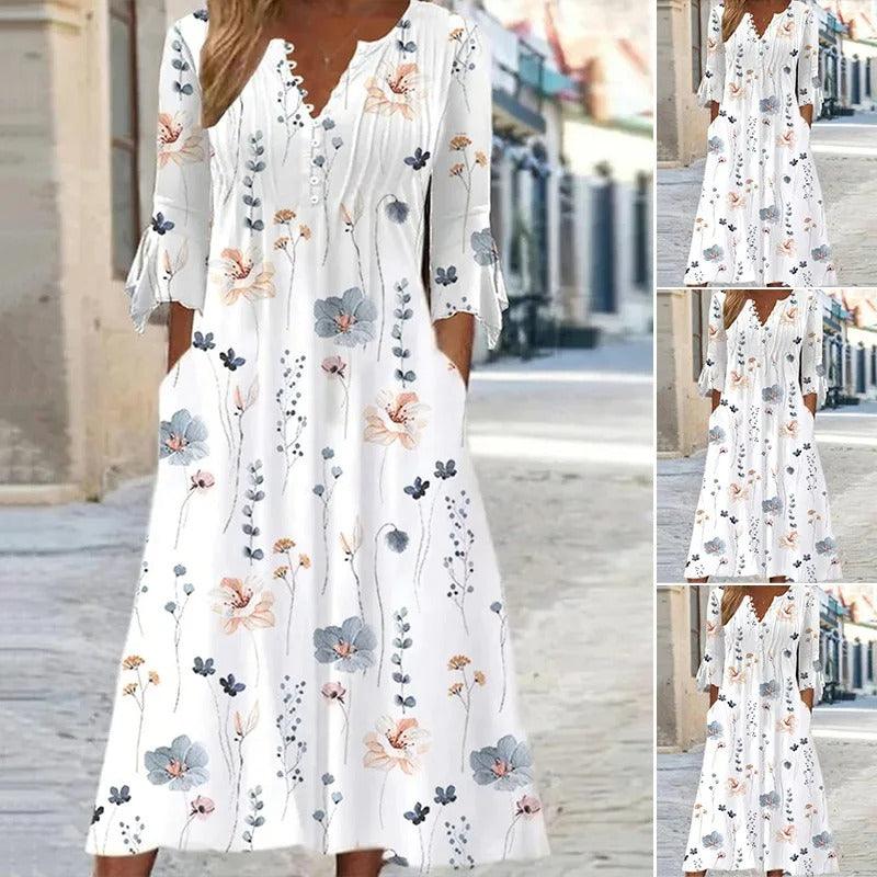 Dames midi jurk met elegante bloemenprint, flatterende pasvorm en vrouwelijke stijl, ideaal voor speciale gelegenheden.
