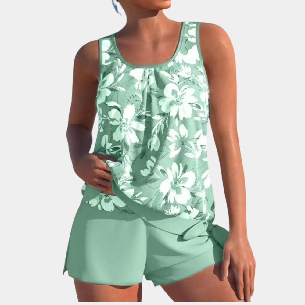 "Dames tankini badpak met kleurrijke print en draadloze beka, met bijpassende play shorts voor comfort en stijl."