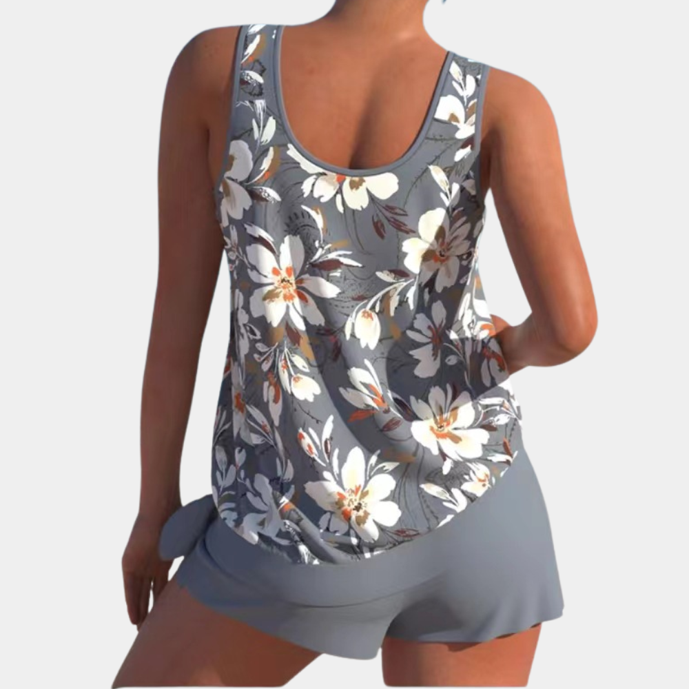 "Dames tankini badpak met kleurrijke print en draadloze beka, met bijpassende play shorts voor comfort en stijl."