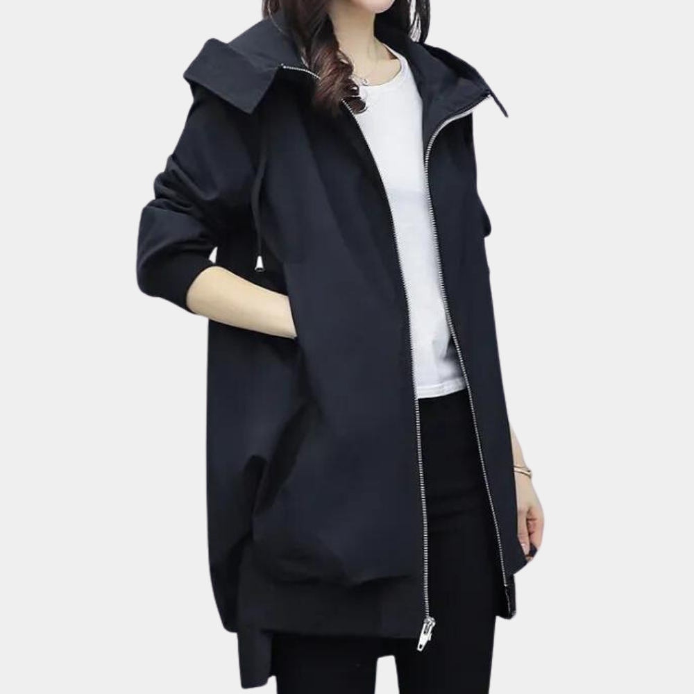 "Dames tussenjas met capuchon in khaki, ademend en stijlvol voor lente en herfst, UrbanShield design met moderne pasvorm."