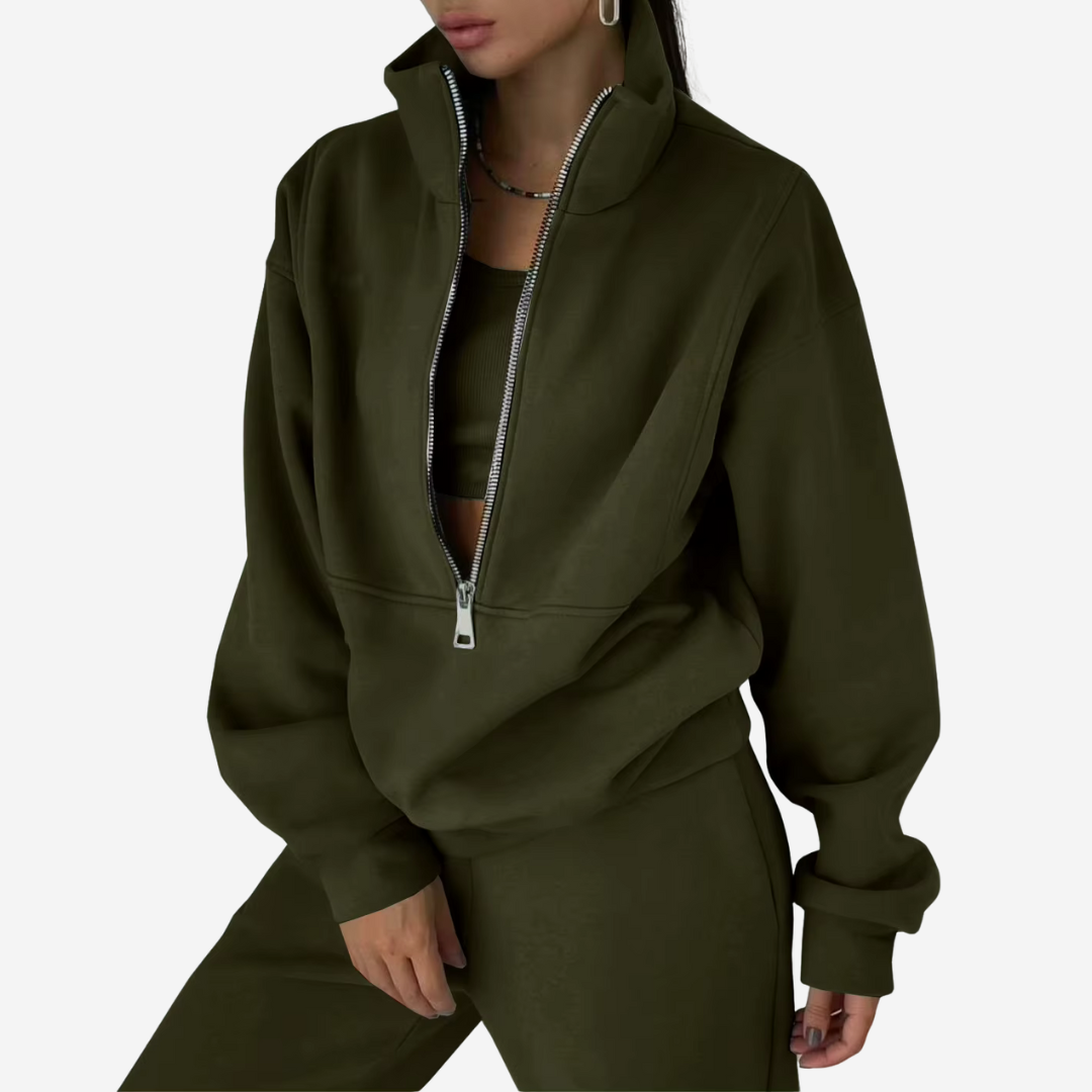 "Dames tweedelig trainingspak: elegante sweater, hoge taille broek, comfortabele pasvorm, ideaal voor casual stijl."