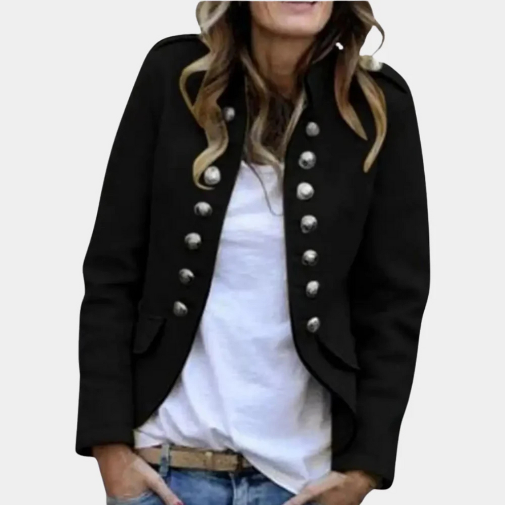 "Dames wollen jas met dubbele rij knopen in retro stijl, hoge kraag, wolmix materiaal, voor herfst en winter."