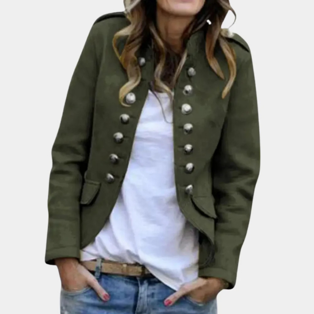 "Dames wollen jas met dubbele rij knopen in retro stijl, hoge kraag, wolmix materiaal, voor herfst en winter."