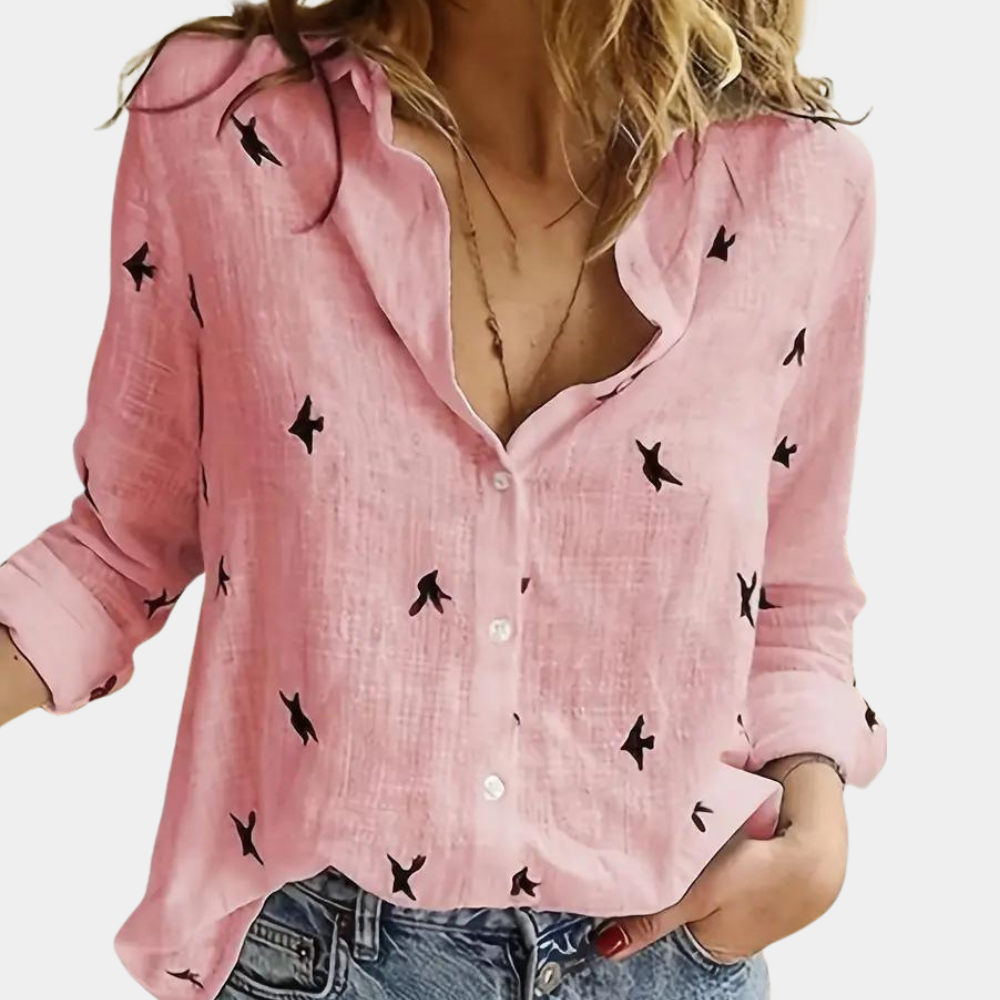 "Damesblouse met lange mouwen, zwaluwprint, luchtig en stijlvol voor veelzijdige outfits, knoopsluiting voor gemak."