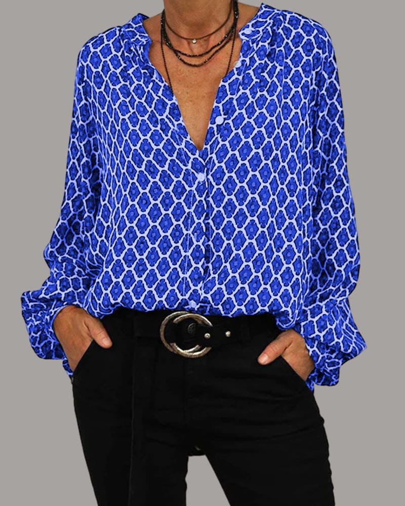 "Damesblouse met V-hals en geometrisch patroon, katoenmix, stijlvol voor dagelijks gebruik, comfort en veelzijdigheid."