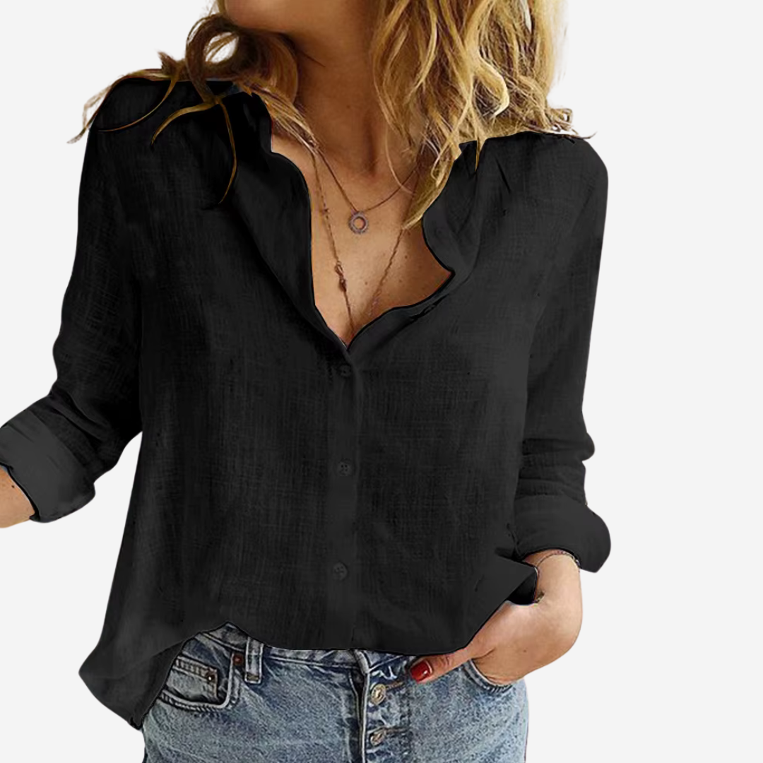 "Damesblouse van linnenblend met klassieke reverskraag en lange mouwen, elegante vintage uitstraling en comfortabele pasvorm.