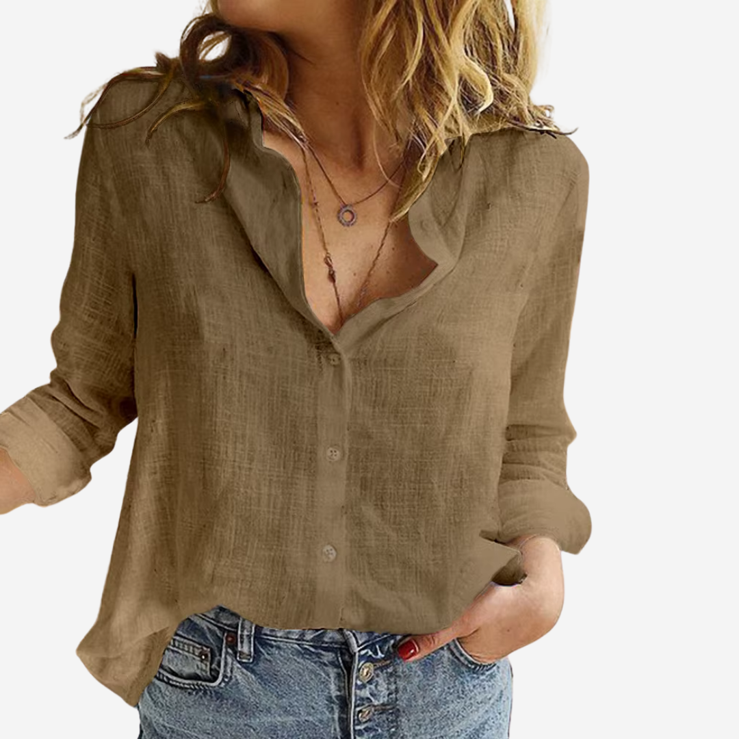 "Damesblouse van linnenblend met klassieke reverskraag en lange mouwen, elegante vintage uitstraling en comfortabele pasvorm.