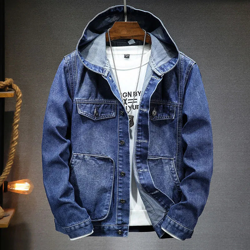 "Denim spijkerjas met capuchon voor heren, klassiek ontwerp, robuust denim, perfecte pasvorm, blauw of zwart beschikbaar."