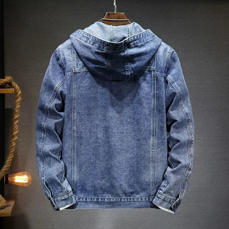 "Denim spijkerjas met capuchon voor heren, klassiek ontwerp, robuust denim, perfecte pasvorm, blauw of zwart beschikbaar."