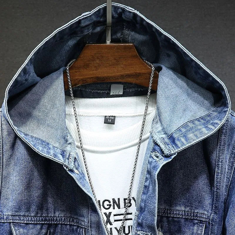 "Denim spijkerjas met capuchon voor heren, klassiek ontwerp, robuust denim, perfecte pasvorm, blauw of zwart beschikbaar."