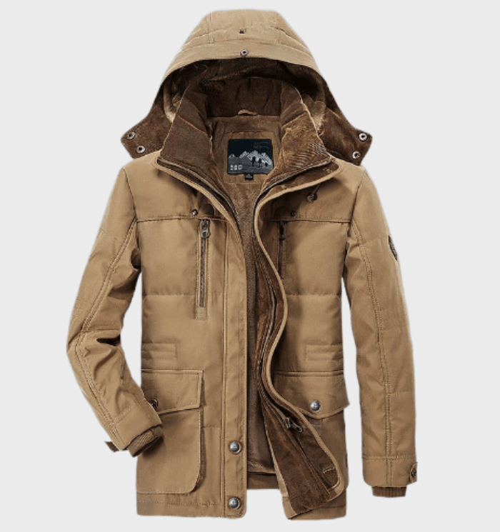 "Dikke heren winterjas met capuchon en diepe zakken, stijlvol ontwerp, luxe uitstraling, perfecte isolatie en comfort."