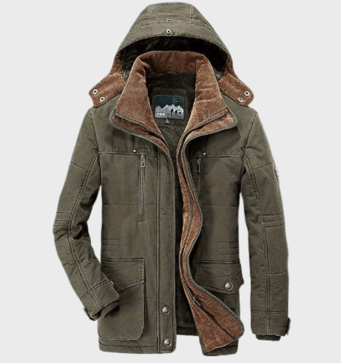 "Dikke heren winterjas met capuchon en diepe zakken, stijlvol ontwerp, luxe uitstraling, perfecte isolatie en comfort."