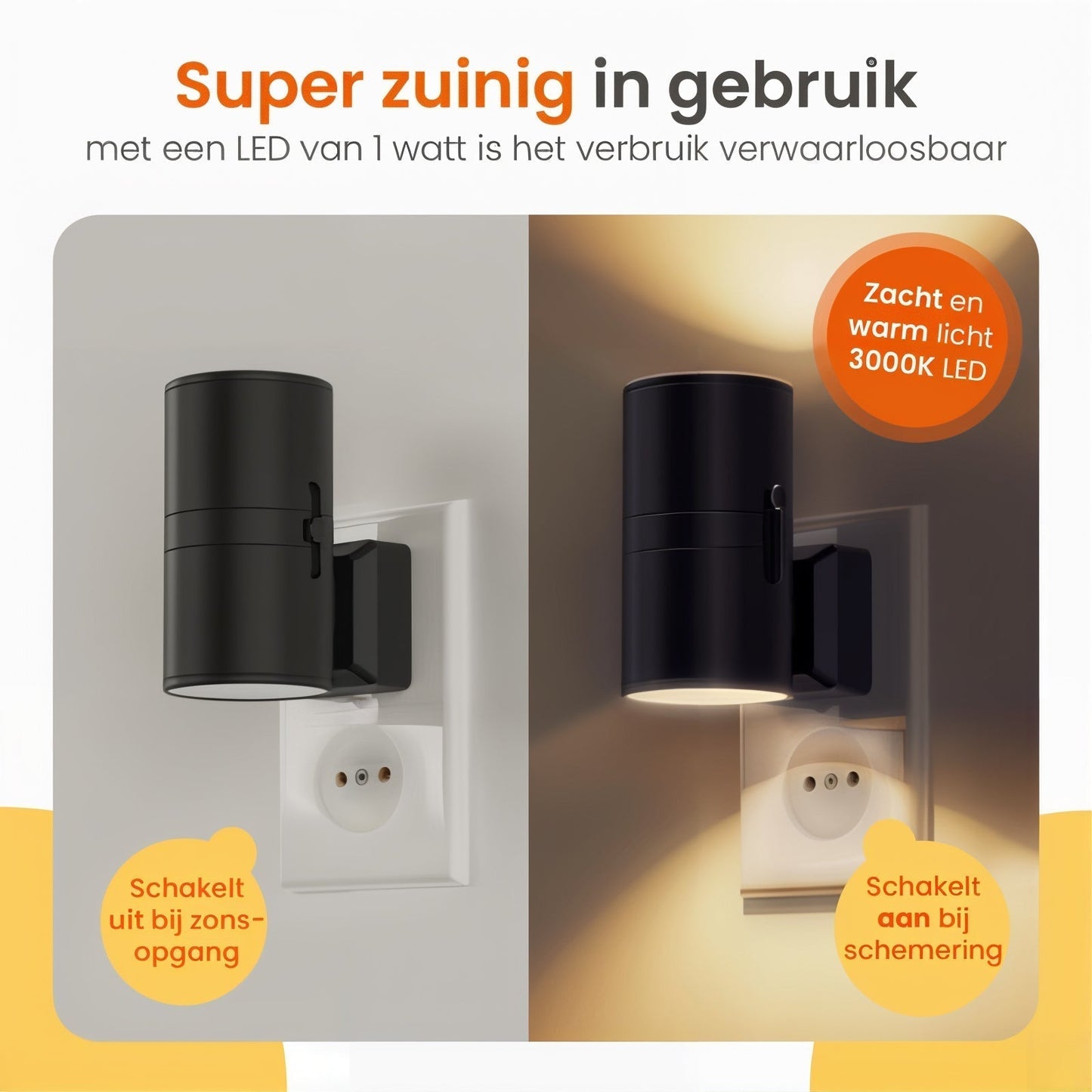 "Dimbare LED nachtlamp, zwart/wit, elegant design met dag-nachtsensor. Past in elk stopcontact voor warme, rustgevende gloed.