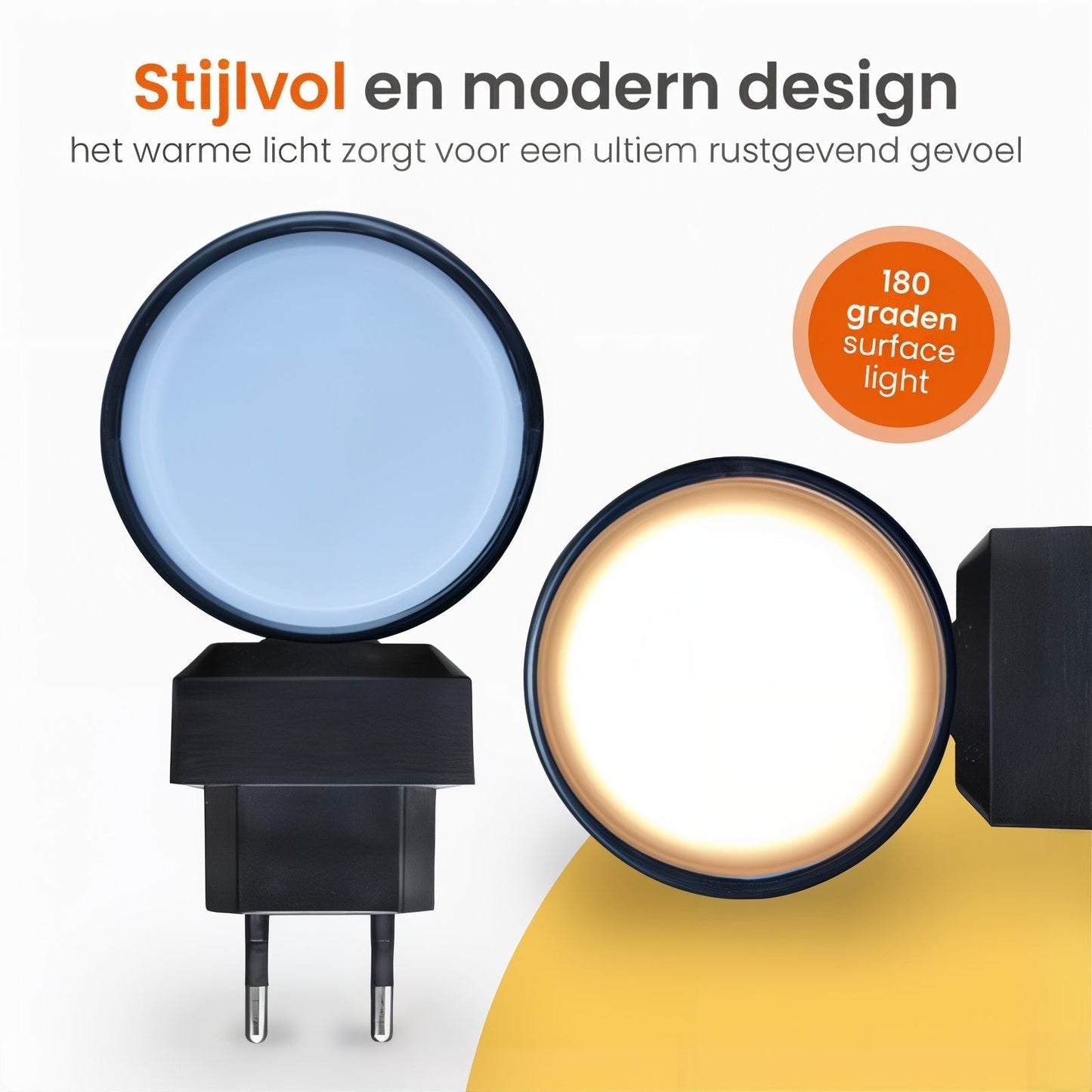 "Dimbare LED nachtlamp, zwart/wit, elegant design met dag-nachtsensor. Past in elk stopcontact voor warme, rustgevende gloed.