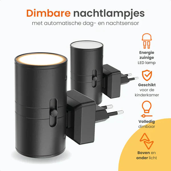 "Dimbare LED nachtlamp, zwart/wit, elegant design met dag-nachtsensor. Past in elk stopcontact voor warme, rustgevende gloed.