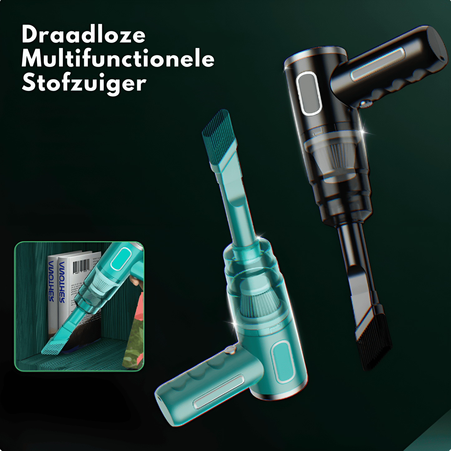 "Draadloze auto stofzuiger met krachtige zuiging, gestroomlijnd design, zwart en groen, compact en gemakkelijk hanteerbaar."