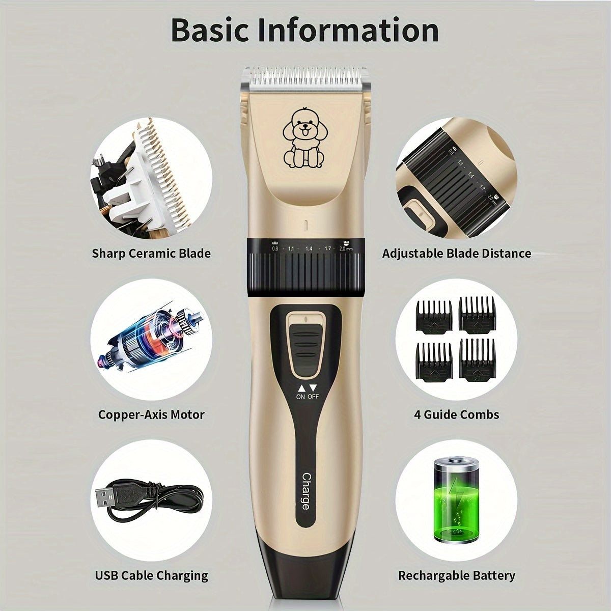 "Draadloze huisdiertrimmer met scherp keramisch mes, USB oplaadbaar, fluisterstil voor honden- en kattenverzorging."