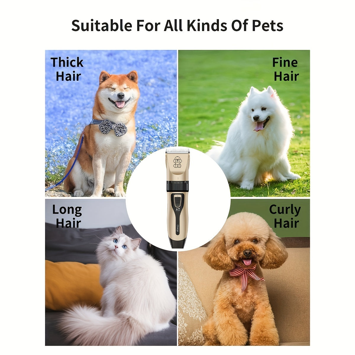 "Draadloze huisdiertrimmer met scherp keramisch mes, USB oplaadbaar, fluisterstil voor honden- en kattenverzorging."