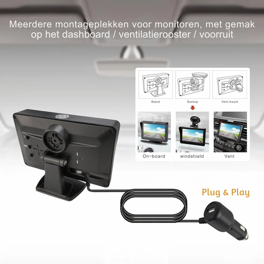 Draadloze zonne-energie HD achteruitrijcamera, 1080P resolutie, 4.3-inches monitor, IP67 waterdicht, 140° kijkhoek.