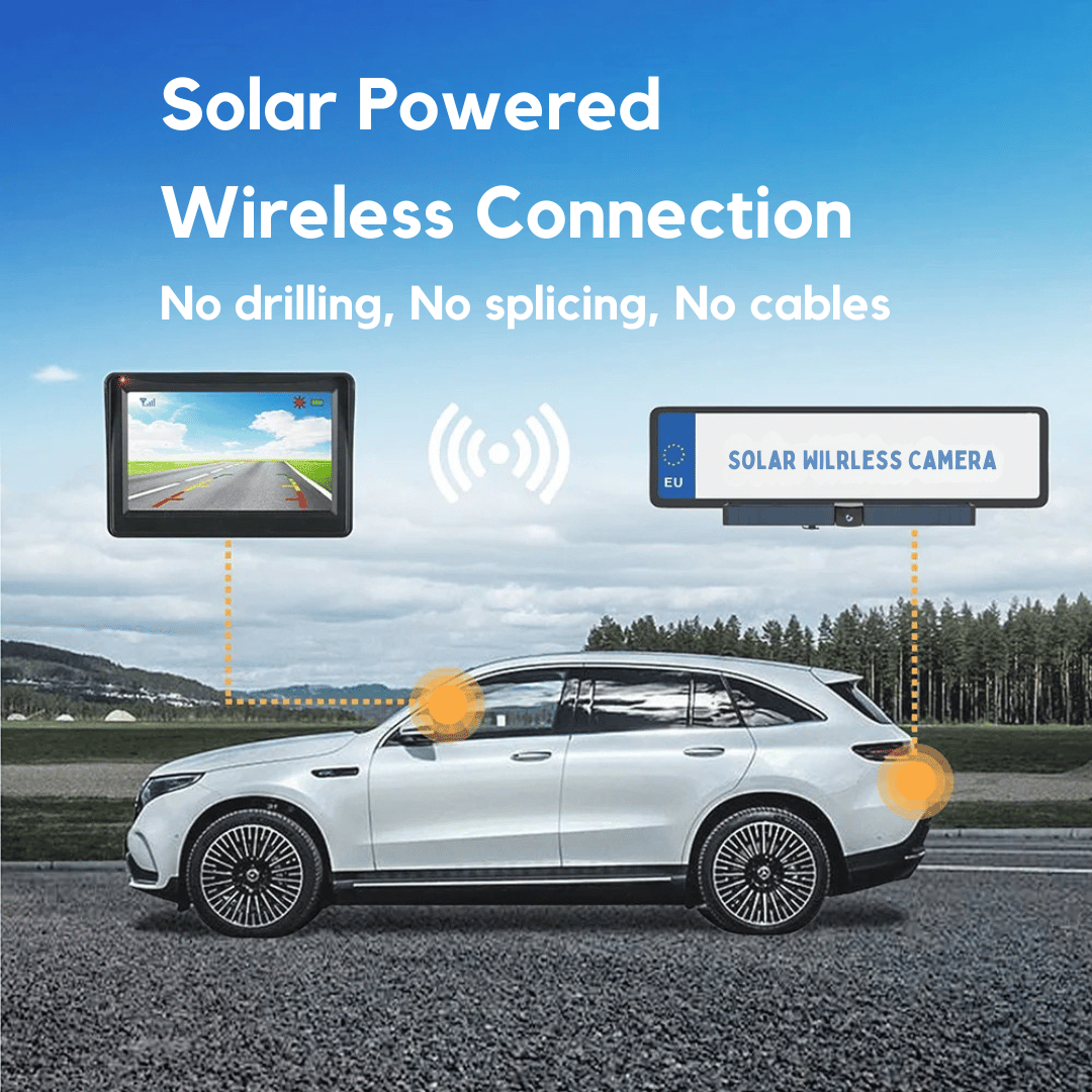 Draadloze zonne-energie HD achteruitrijcamera, 1080P resolutie, 4.3-inches monitor, IP67 waterdicht, 140° kijkhoek.