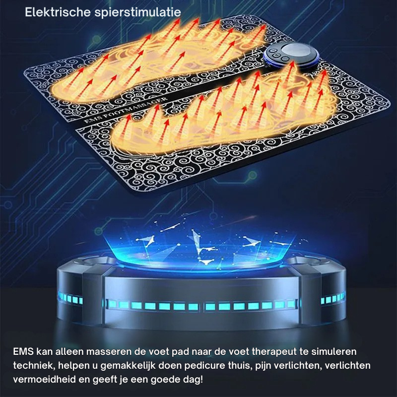 "Draagbaar EMS voetmassage kussen, stimuleert spieren, bevordert doorbloeding. Lichtgrijs ontwerp, ideaal voor ontspanning."