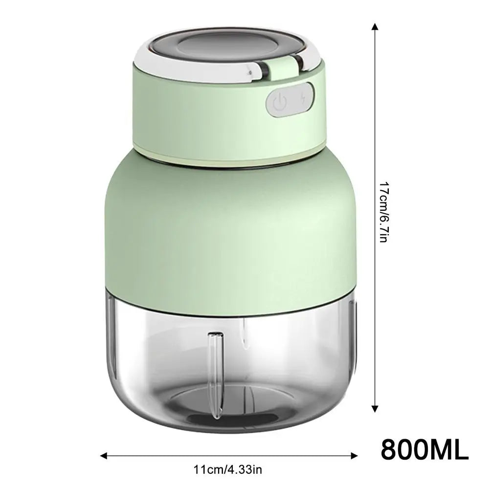 "Draagbare 2-in-1 blender en sapcentrifuge, stijlvol wit, met roestvrijstalen messen en draadloze oplaadfunctionaliteit."