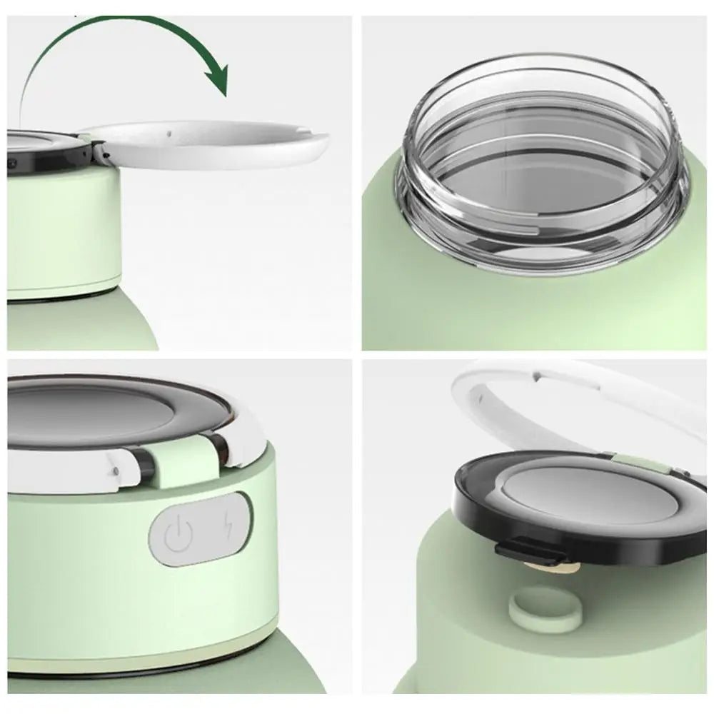 "Draagbare 2-in-1 blender en sapcentrifuge, stijlvol wit, met roestvrijstalen messen en draadloze oplaadfunctionaliteit."