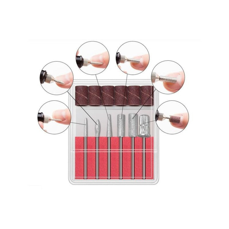 "Draagbare 6-in-1 elektrische nagelvijlset voor manicure en pedicure, inclusief 6 opzetstukjes, roze uitvoering."
