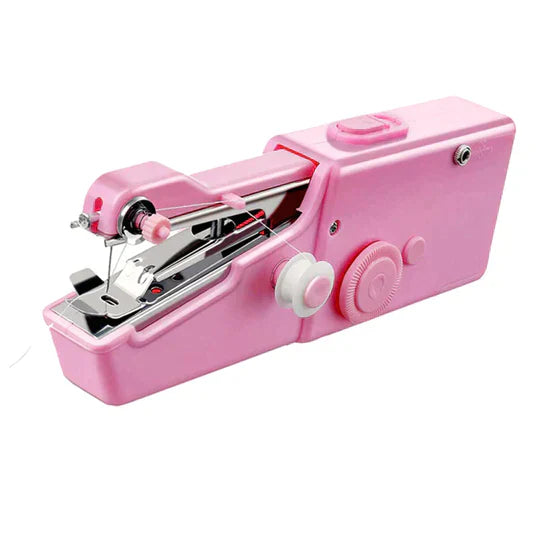 "Draagbare mini handnaaimachine, compacte zwarte unit, ideaal voor eenvoudig en snel naaien onderweg."