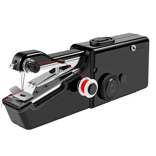"Draagbare mini handnaaimachine, compacte zwarte unit, ideaal voor eenvoudig en snel naaien onderweg."