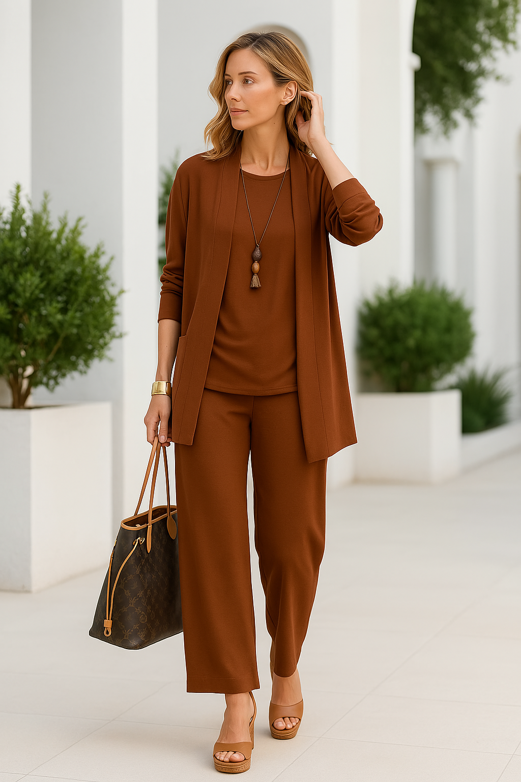 "Driedelige dames outfit grijs: chic vest, bijpassend topje en lange broek voor comfort en stijl."