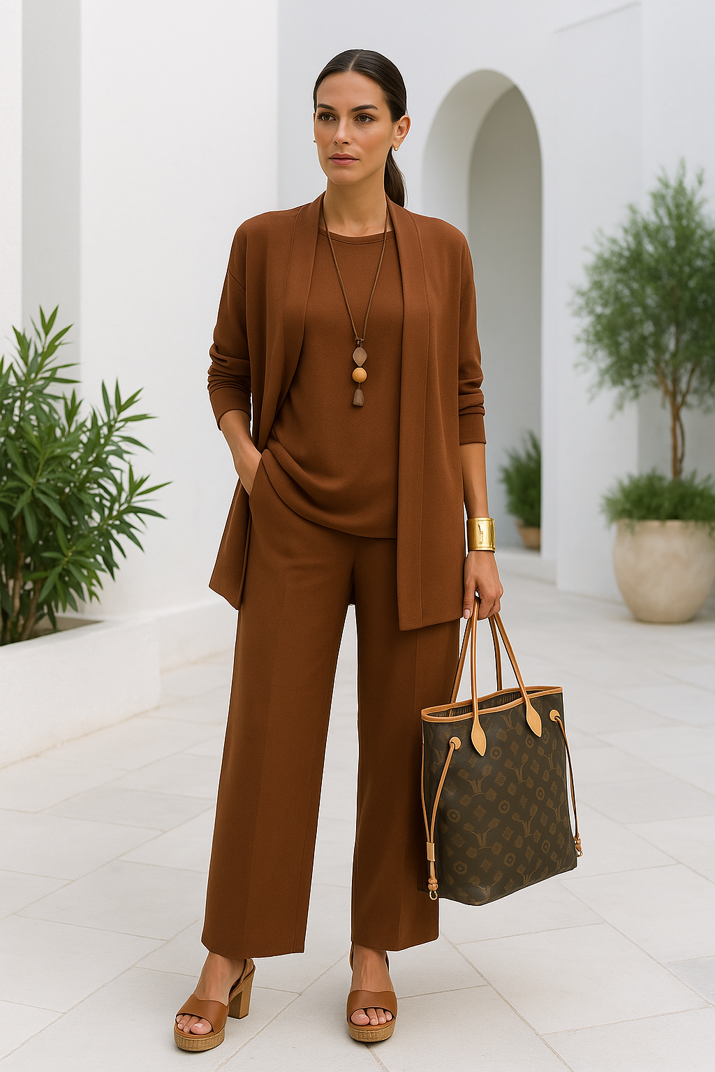 "Driedelige dames outfit grijs: chic vest, bijpassend topje en lange broek voor comfort en stijl."