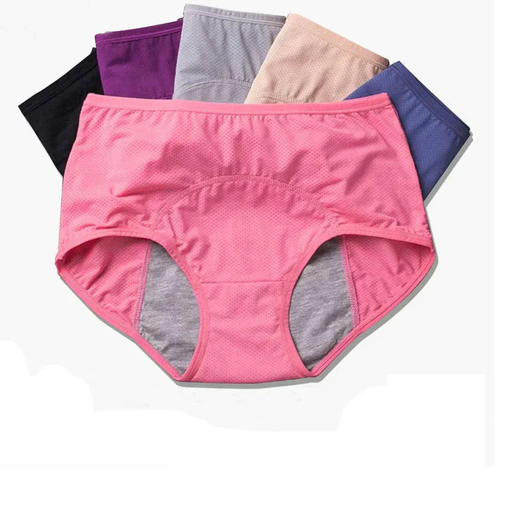 "Droog blijvend damesondergoed, naadloos en ademend, in een 4-pack. Verkrijgbaar in diverse kleuren en maten."