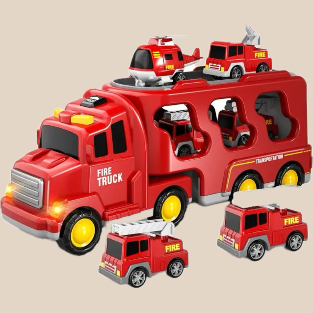 "Dubbellaagse vrachtwagen speelset met brandweer- en bouwvoertuigen en muziek, speelgoed voor avontuurlijke kinderen."