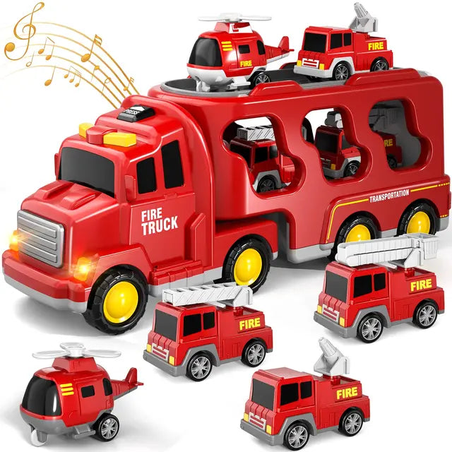 "Dubbellaagse vrachtwagen speelset met brandweer- en bouwvoertuigen en muziek, speelgoed voor avontuurlijke kinderen."