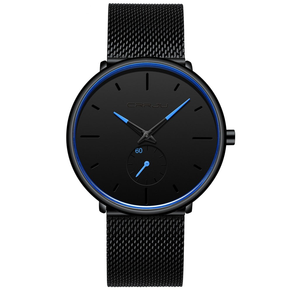 "Dun minimalistisch herenhorloge met elegante zwarte wijzerplaat, roestvrijstalen mesh-band en luxe uitstraling."