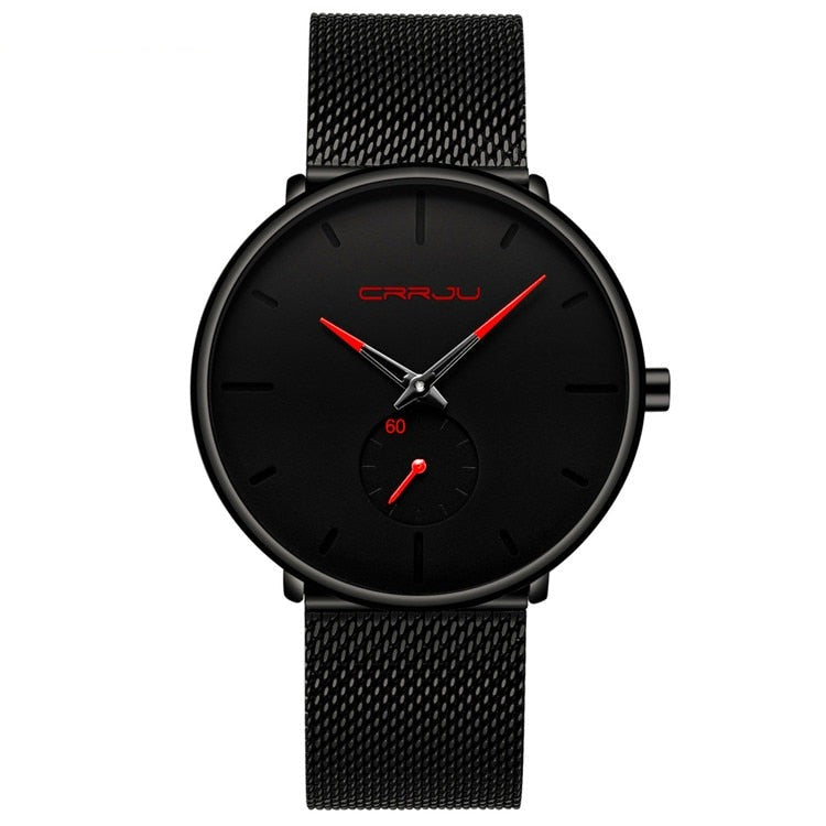 "Dun minimalistisch herenhorloge met elegante zwarte wijzerplaat, roestvrijstalen mesh-band en luxe uitstraling."