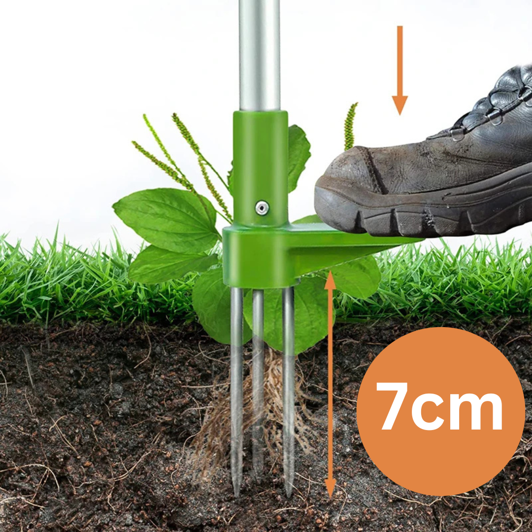 "EcoTurf onkruidverwijderaar, aluminium, lange handgreep, ergonomisch ontwerp, voor moeiteloos tuinieren zonder bukken."