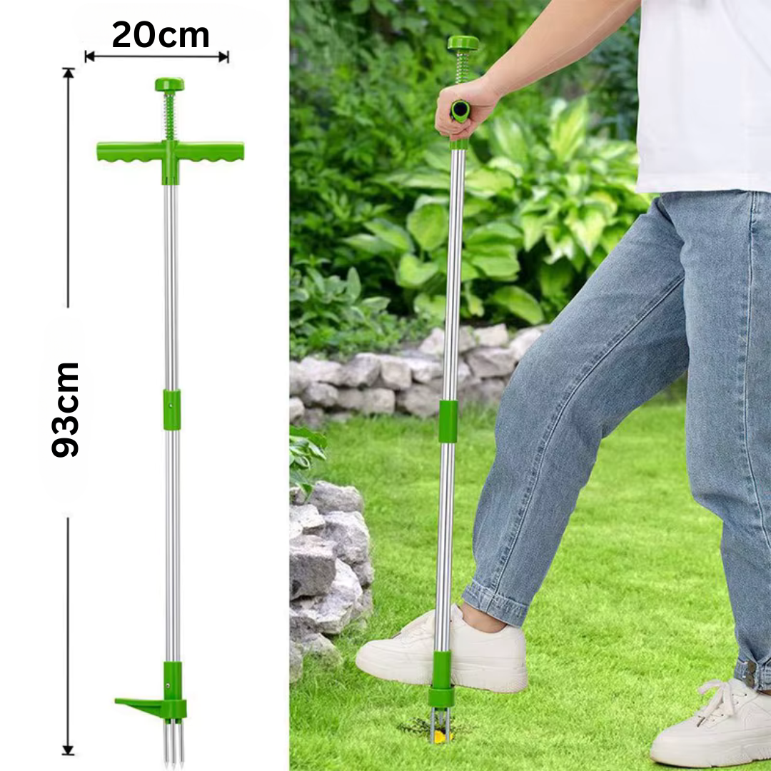 "EcoTurf onkruidverwijderaar, aluminium, lange handgreep, ergonomisch ontwerp, voor moeiteloos tuinieren zonder bukken."