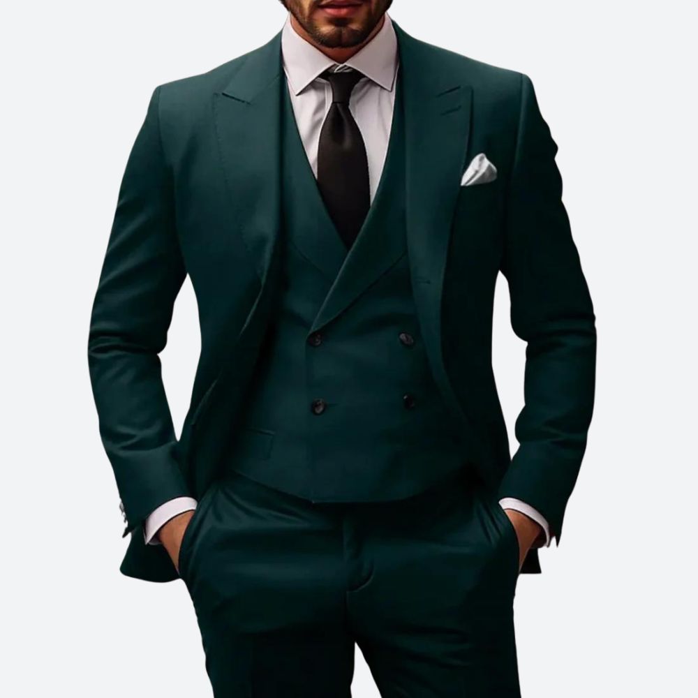 "Elegant 3-delig herenpak, modern fit, met colbert, broek en vest. Perfect voor zakelijke of speciale gelegenheden."