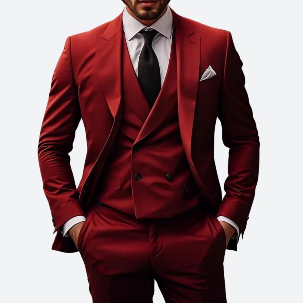 "Elegant 3-delig herenpak, modern fit, met colbert, broek en vest. Perfect voor zakelijke of speciale gelegenheden."