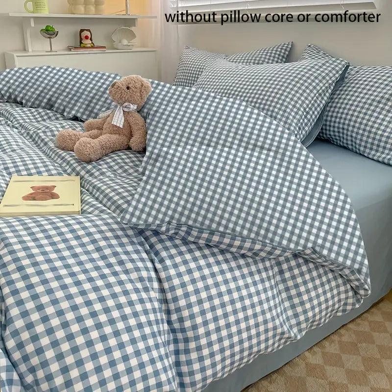 "Elegant blauw geruit dekbedovertrek, Koreaanse stijl, zacht en duurzaam, complete set met kussenslopen, slaapkamer upgrade"