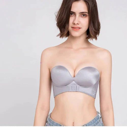 "Elegant strapless push-up BH, naadloos, voorgevormde cups, anti-slip band, natuurlijke lift, onzichtbare ondersteuning."