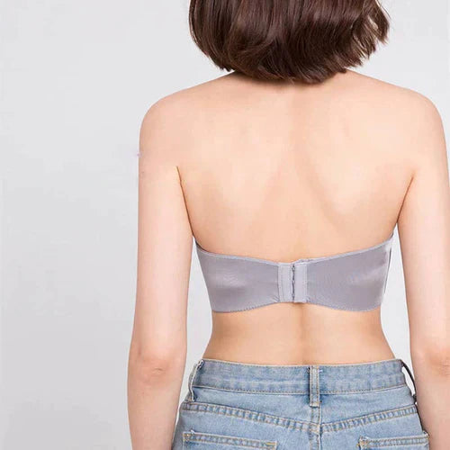 "Elegant strapless push-up BH, naadloos, voorgevormde cups, anti-slip band, natuurlijke lift, onzichtbare ondersteuning."