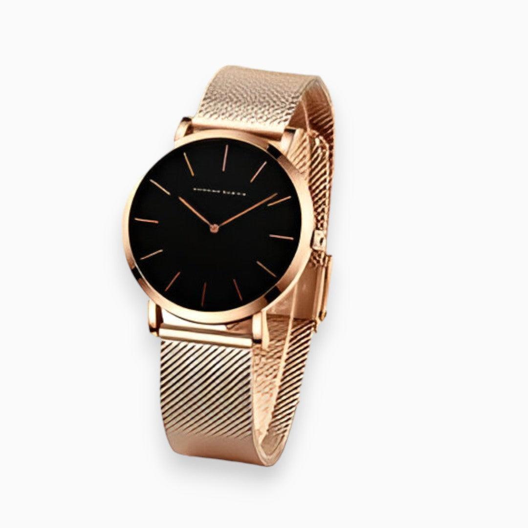 "Elegant titanium dameshorloge met ronde wijzerplaat, zilveren polsband en waterbestendig ontwerp tot 30 meter."