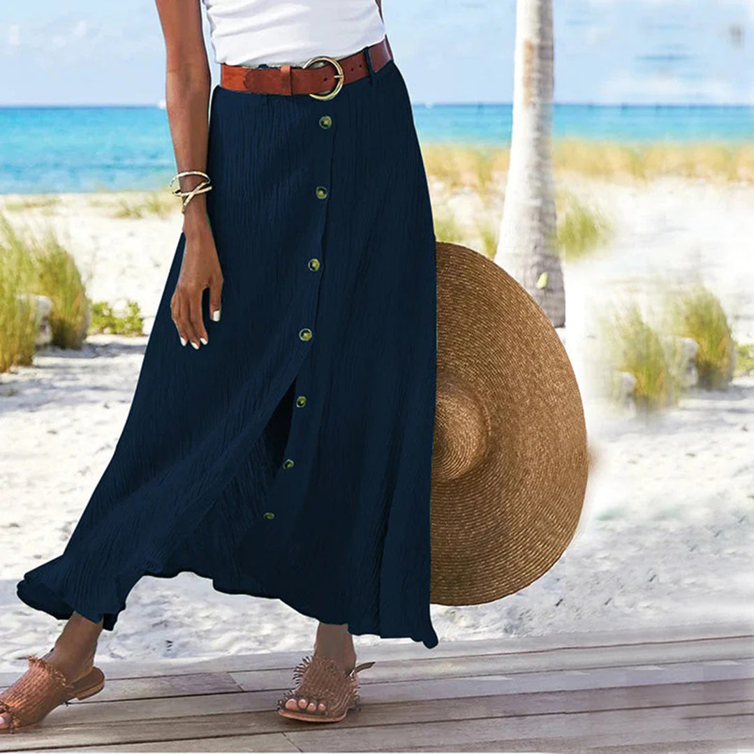 "Elegante A-lijn damesrok, ademend polyester, knoopdetails, mid-waist, comfortabele pasvorm voor lente en zomer."