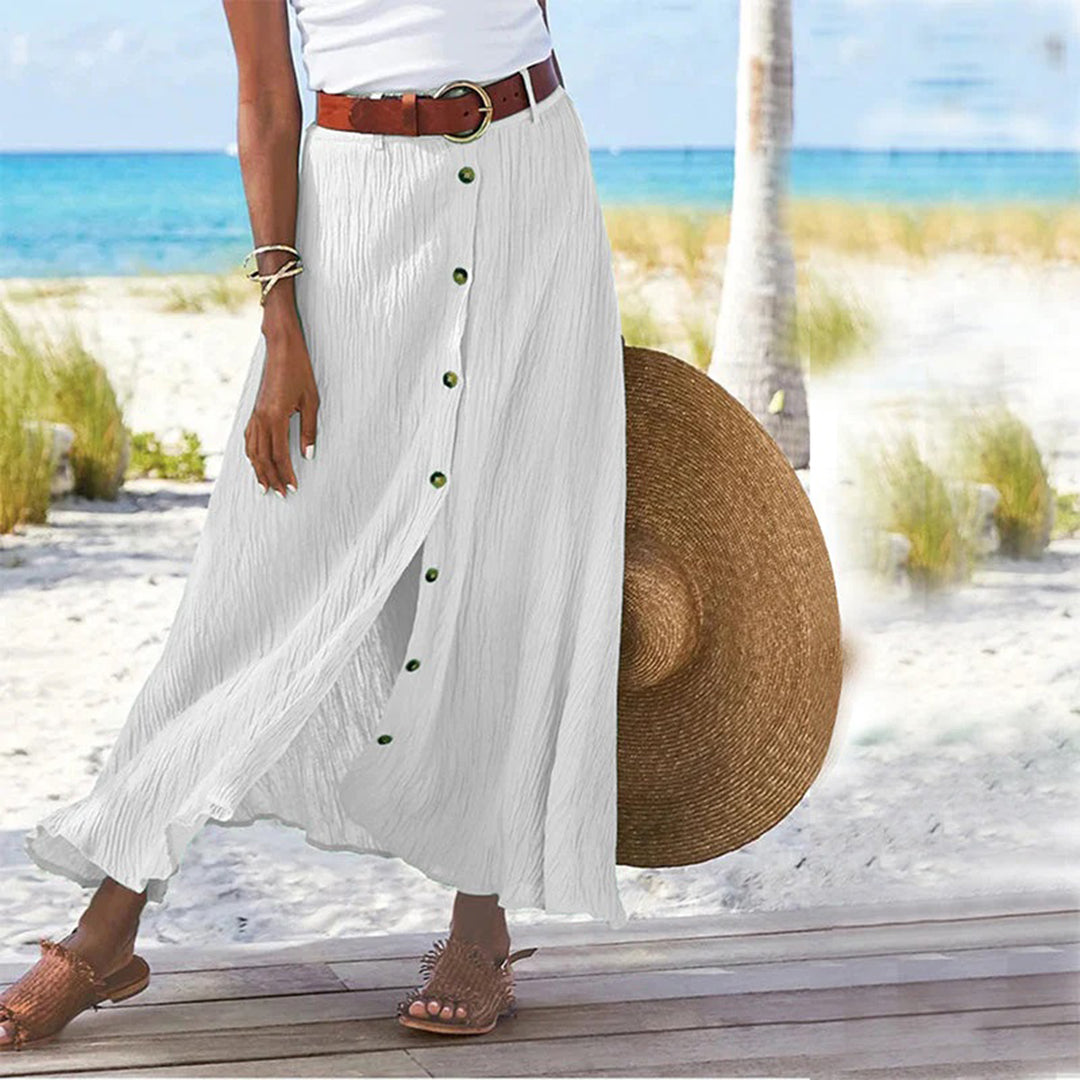 "Elegante A-lijn damesrok, ademend polyester, knoopdetails, mid-waist, comfortabele pasvorm voor lente en zomer."