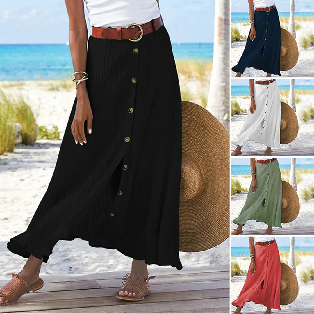 "Elegante A-lijn damesrok, ademend polyester, knoopdetails, mid-waist, comfortabele pasvorm voor lente en zomer."