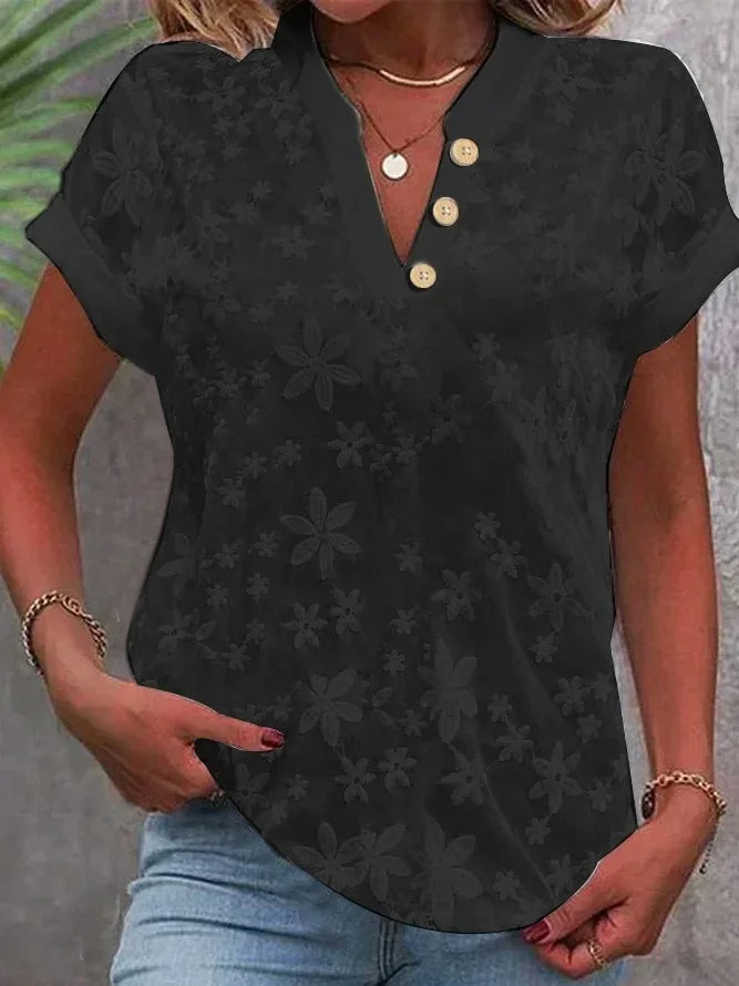 "Elegante bloemenblouse met V-hals, luchtige stof, kleurrijk bloemendessin, korte mouwen, retro stijl, dames top"
