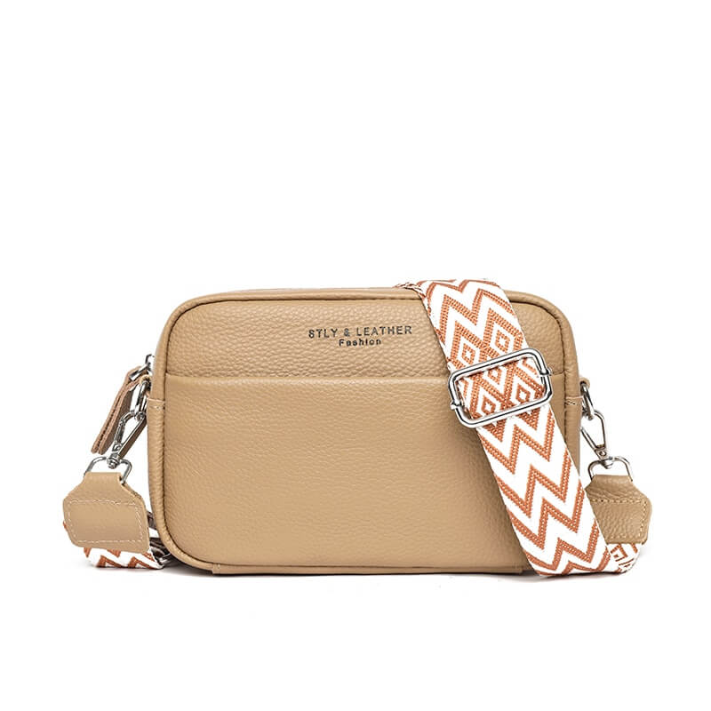 "Elegante compacte schoudertas van vegan leer, 22x15x8 cm, beschikbaar in beige, blauw, groen, khaki, zwart voor dames."